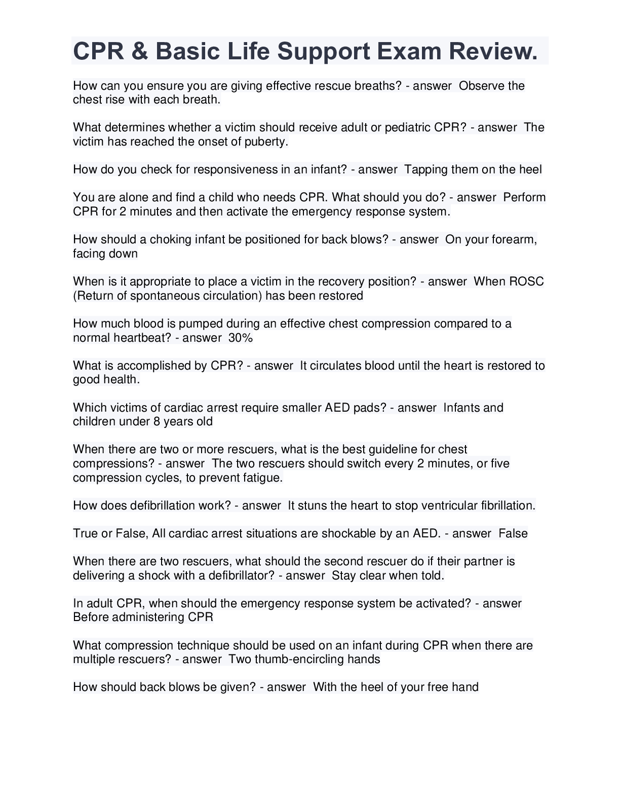 Preview of CPR & Basic Life Support Review GRADED A.